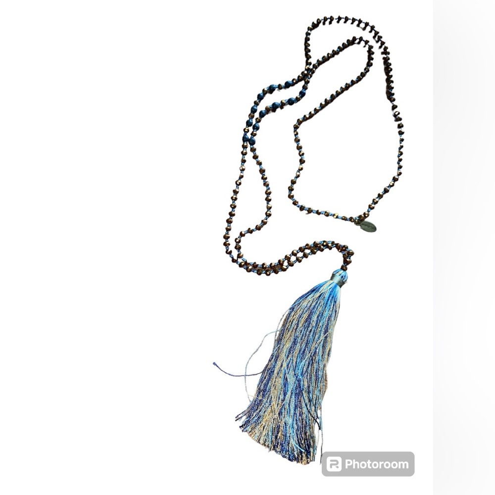 Zacasha gold crystal and black volcanic beads necklace with tassel